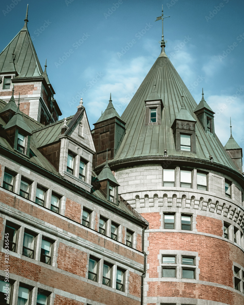 Several photos of the old town of Quebec, Chateau Frontenac, Petit Champlain neighborhood, Porte St-Jean. Winter and fall season. Province of Quebec, Canada