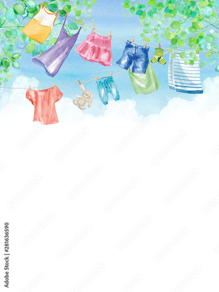 青空の下で干す洗濯物の背景 水彩イラストstock Illustration Adobe Stock