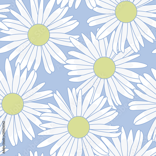 Vector White Daisies Flowers on Pastel Blue Seamless Repeat Pattern