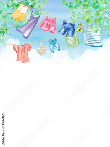 青空の下で干す洗濯物の背景 水彩イラスト Stock イラスト Adobe Stock