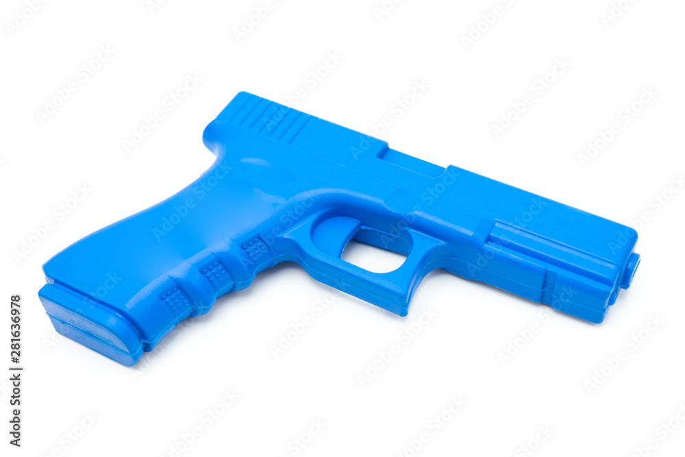 Fake guns made from rubber For the training of police, soldiers and security personnel Shape and weight like a real gun. White background as background health concept with copy space. Fake guns made from rubber For the training of police, soldiers and security personnel Shape and weight like a real gun. White background as background health concept with copy space.