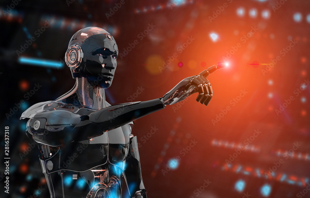 Black and orange intelligent robot cyborg pointing finger on dark 3D rendering