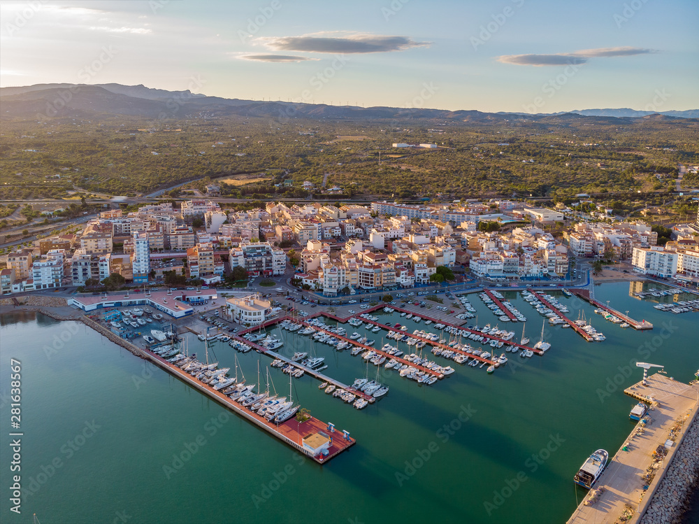 View of L'Ampolla port, Catalonia, Spain. Drone aerial photo