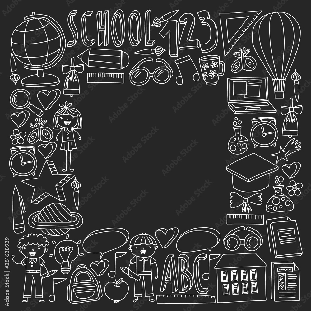 Vector set of back to school icons in doodle style. Chalked drawing on a school blackboard.