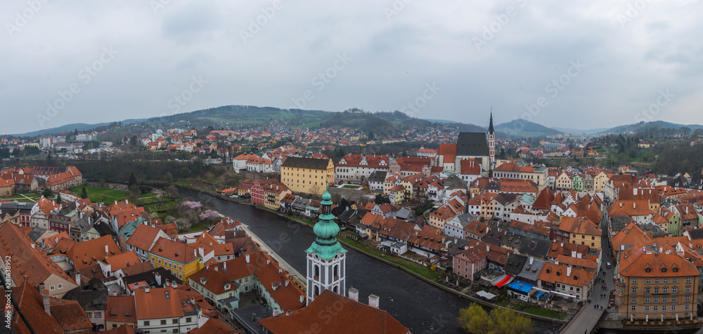 Top panorama scenic view of Cesky Krumlov, Czeach republic in the cloudy summer day