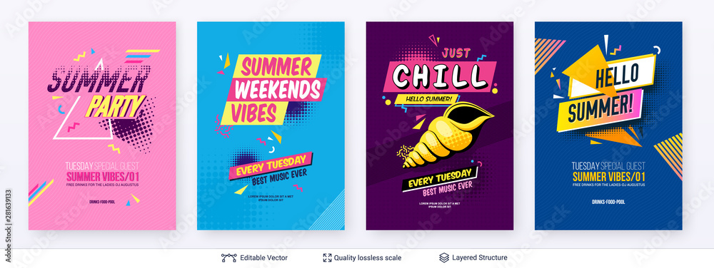 Set of summer season ad posters in pop-art style. - obrazy, fototapety, plakaty 