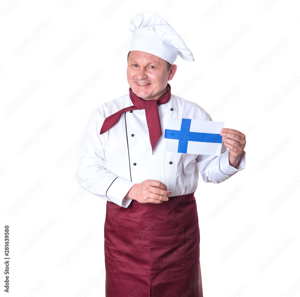 Mature male cook with Finland flag isolated on a white background. Mature male cook with Finland flag isolated on a white background.