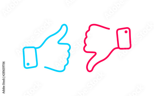 Thumbs up and thumbs down icon set. Like and dislike icons. Line Vector illustration for social network