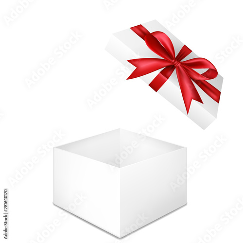Realistic open white box with bow and ribbon, blank box template with separate lid, isolated on white background.