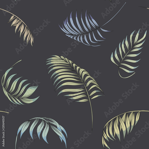 Seamless pattern with flying palm leaves. Vector print.