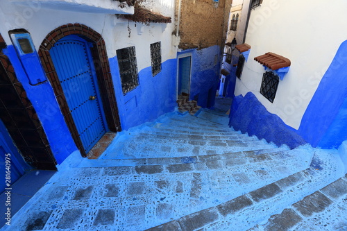 Blue street walls of the popular city of Morocco, Chefchaouen. Traditional moroccan architectural details. © AnastasiiaUsoltceva