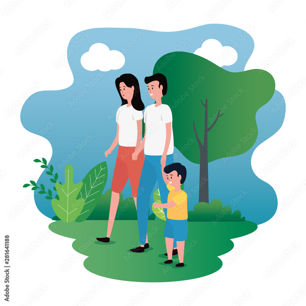 parents couple with little son on the park characters parents couple with little son on the park characters