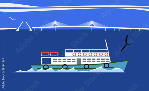 Barco navegando por la bahía con un puente detrás