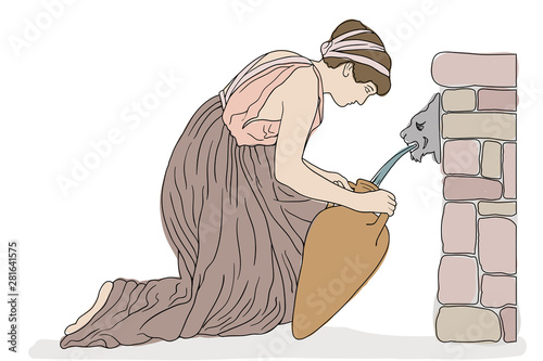 An ancient Greek woman sits near a stone parapet fills water in a jug. Vector image isolated on white background.