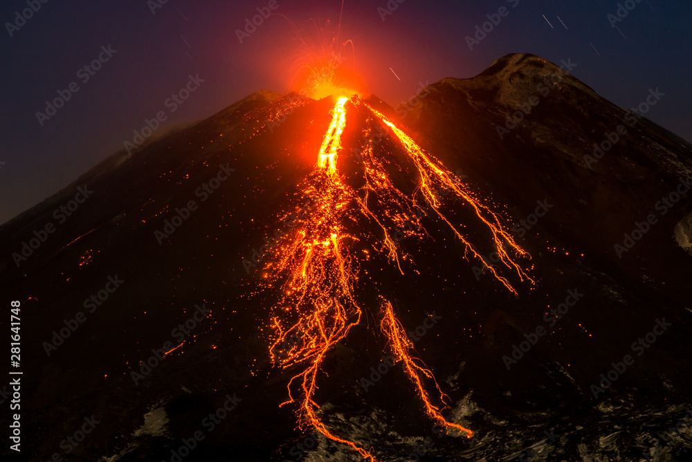 Mount Etna in eruption at sunset, Sicily