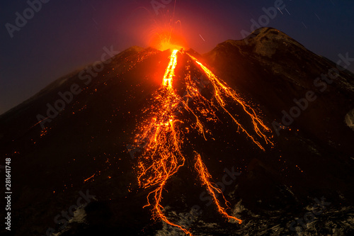 Mount Etna in eruption at sunset, Sicily