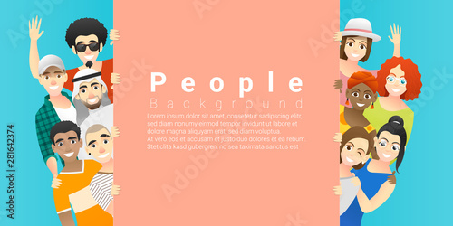 Diversity concept background , group of happy multi ethnic people standing behind empty colorful board , vector , illustration