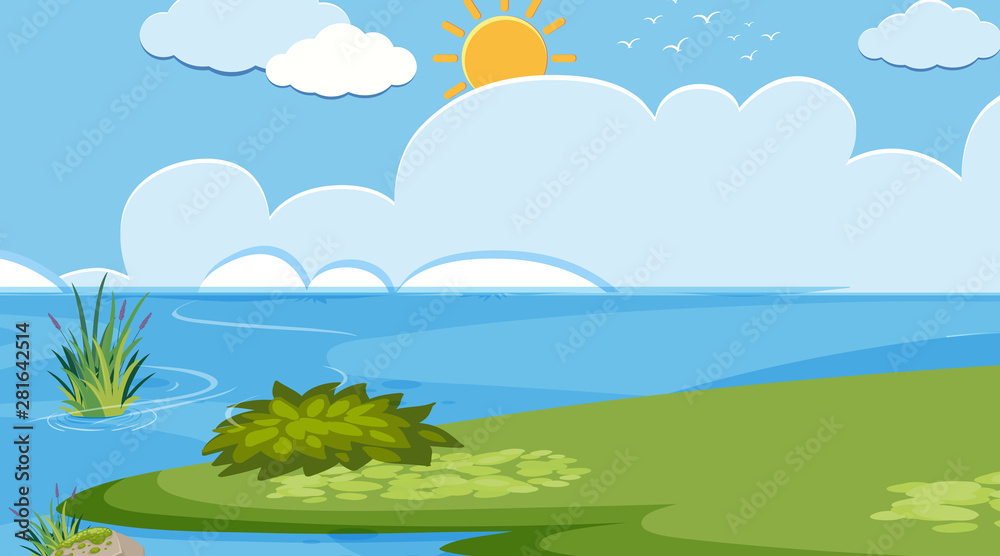Landscape background design of river and green field