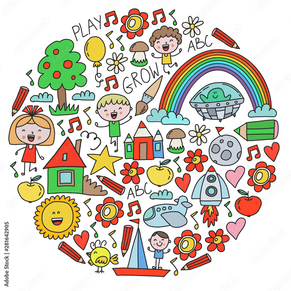 Naklejka premium Time to adventure. Imagination creativity small children play nursery kindergarten preschool school kids drawing doodle icons pattern, play, study, learn with happy boys and girls Let's explore space.