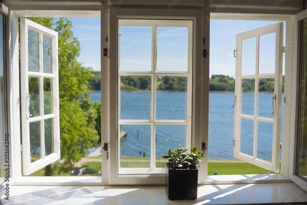 Lake view from open windows Fototapet, Tapet på EuroPosters.se