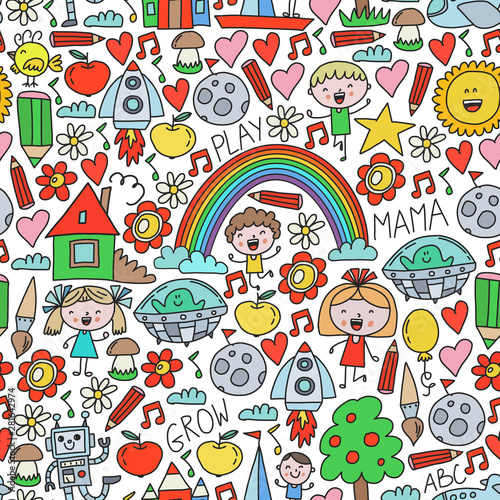 Time to adventure. Imagination creativity small children play nursery kindergarten preschool school kids drawing doodle icons seamless  pattern  play  study  learn with happy boys and girls Let s