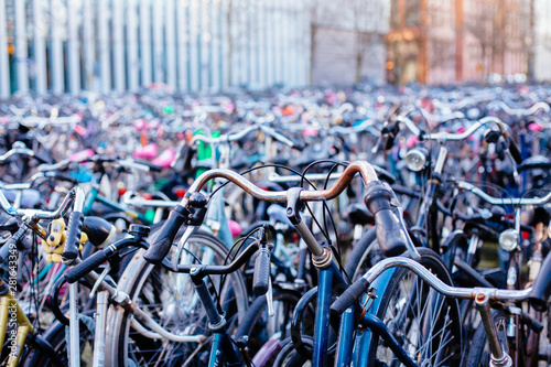 Bicycle parking lot in Amsterdam with many bicycles