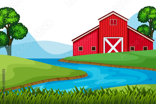 Scenery background of red barn on the farmland