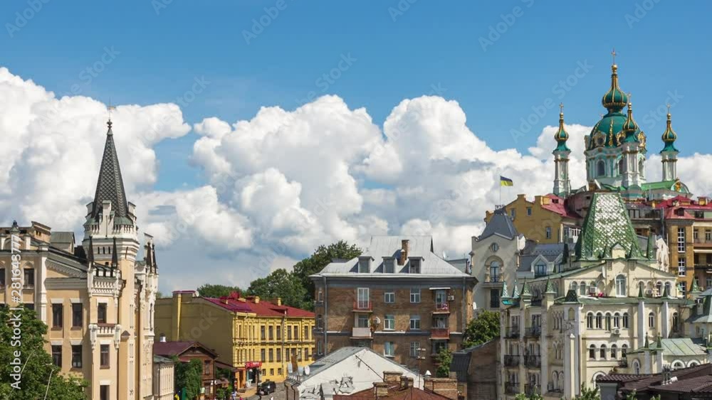 Andrew’s Descent with St. Andrew’s Church in Kyiv, Ukraine, time lapse, zoom out