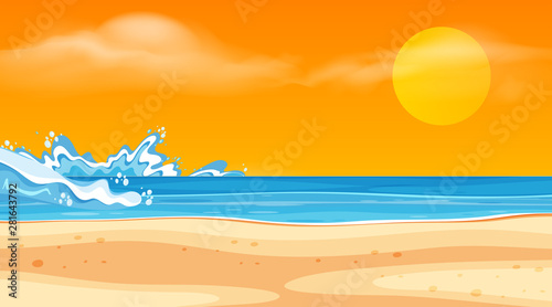 Landscape background design with ocean and sunset