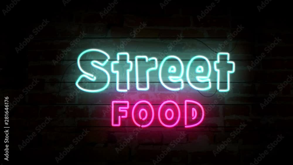Street food neon symbol on brick wall. Light bulbs animation. Street food neon symbol on brick wall. Light bulbs animation.