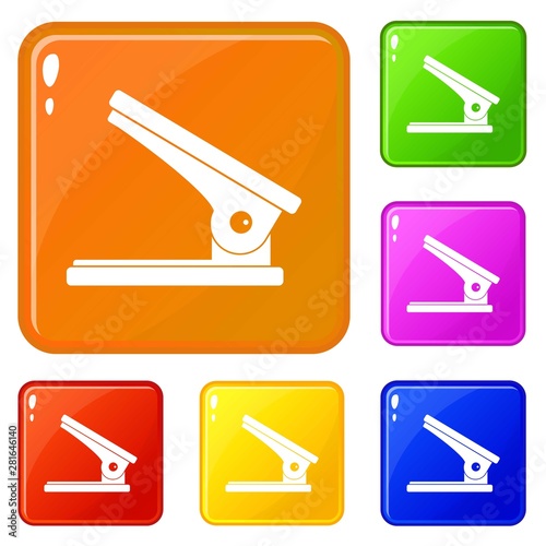 Office paper hole puncher icons set collection vector 6 color isolated on white background