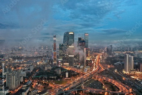Aerial photo of cityscape in the evening