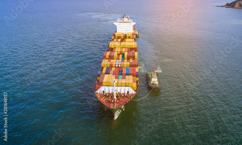 container ship import and export business and logistics shipping cargo open sea transportation international aerial view