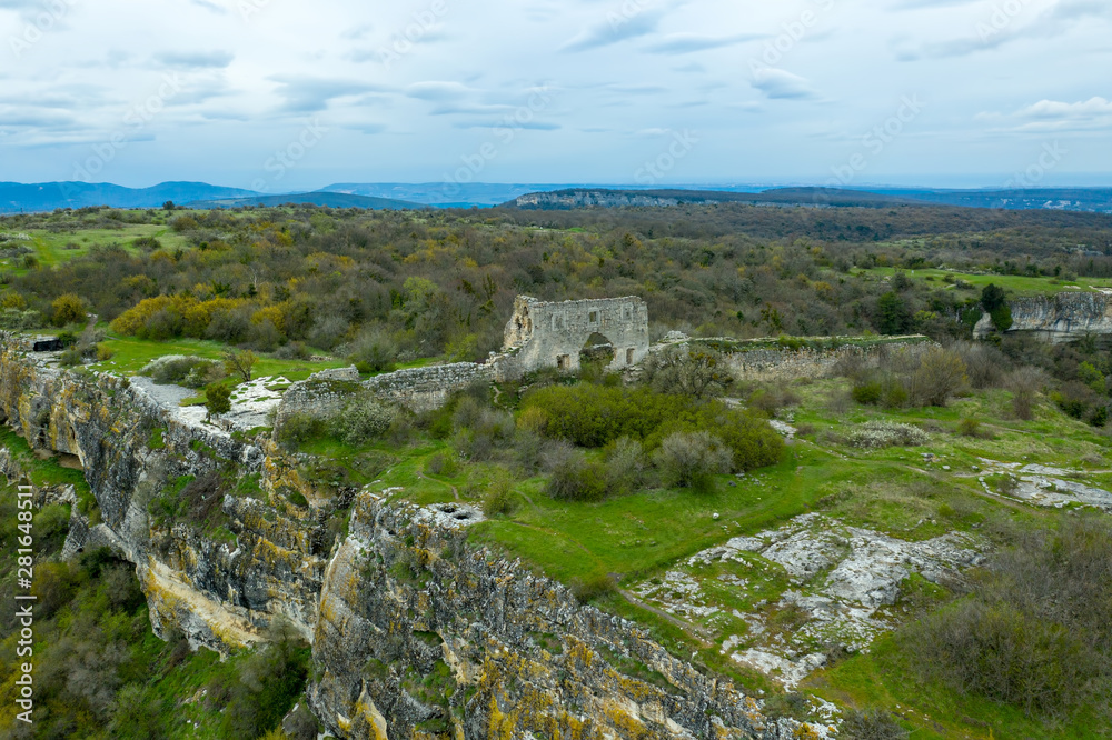 Aerial drone view at the main gate of the cave city Mangup-Kale, near the city of Bakhchisarai, Crimea