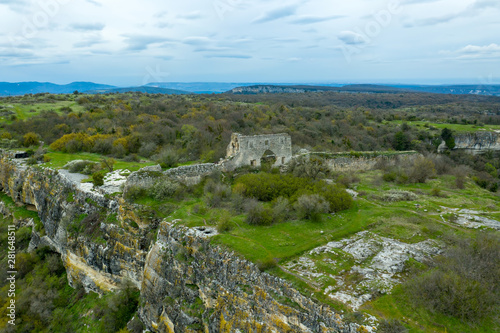 Aerial drone view at the main gate of the cave city Mangup-Kale, near the city of Bakhchisarai, Crimea