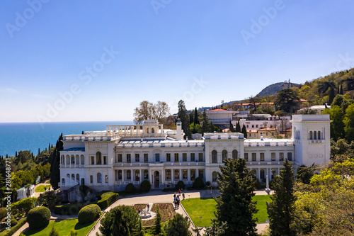 Aerial drone view of Livadia Palace with a beautiful landscaped garden in Crimea