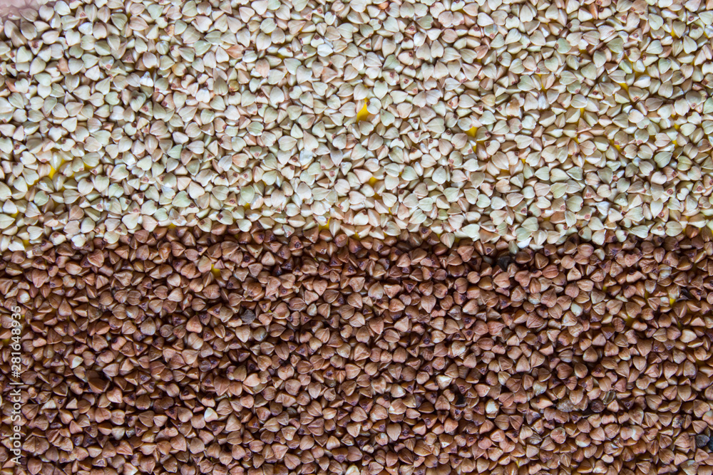 Grain green and brown buckwheat background. Top view. Grain green and brown buckwheat background. Top view.