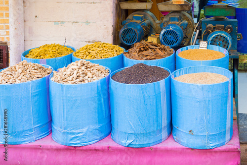 Sacks of spices at a stall in a bazaar in Tangier in Morocco