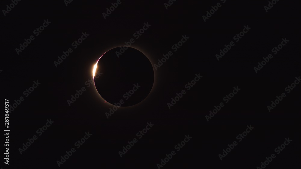 total solar eclipse in Chile on July 2, 2019. Baily's Beads, Solar Fulgurations can be seen - obrazy, fototapety, plakaty 