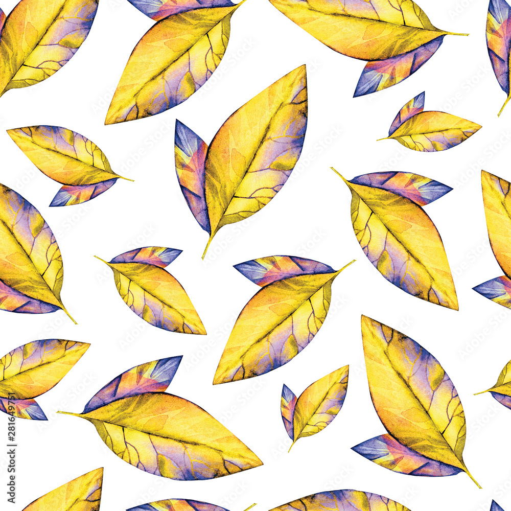 Seamless background of bright yellow and purple autumn leaves in watercolor on white background. Beautiful pattern for textiles, packaging,