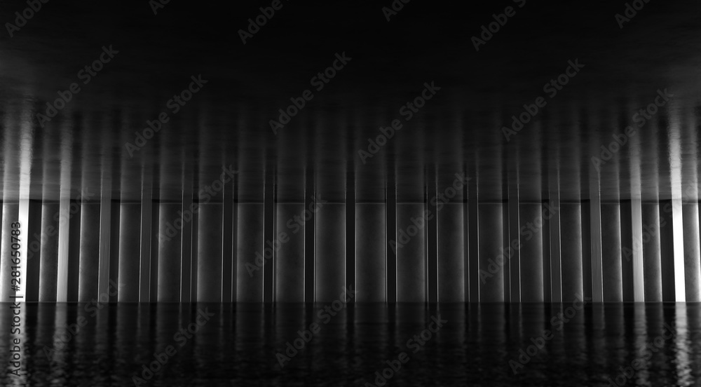 Abstract floor and wall background with columns. Modern showroom design. Futuristic interior view. 3d Rendering. Abstract floor and wall background with columns. Modern showroom design. Futuristic interior view. 3d Rendering.