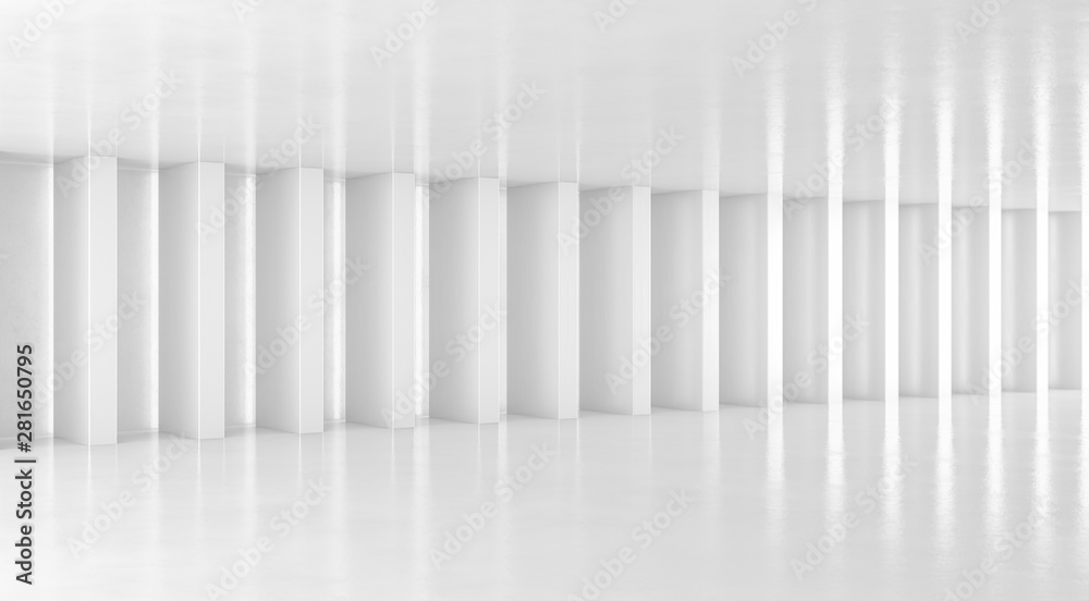 Abstract white floor and wall background with columns. Modern showroom design. Futuristic interior view. 3d Rendering. Abstract white floor and wall background with columns. Modern showroom design. Futuristic interior view. 3d Rendering.