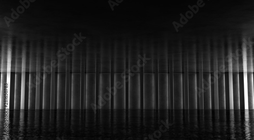 Abstract floor and wall background with columns. Modern showroom design. Futuristic interior view. 3d Rendering.