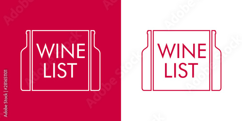 Logotipo abstracto con texto WINE LIST con botellas en etiqueta lineal en rojo y blanco