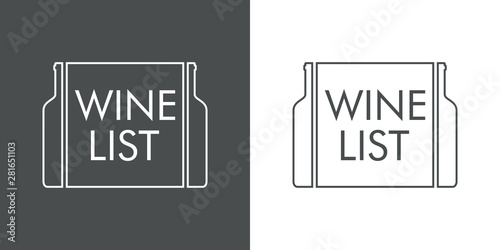 Logotipo abstracto con texto WINE LIST con botellas en etiqueta lineal en gris y blanco