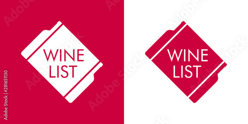 Logotipo abstracto con texto WINE LIST con botellas en etiqueta de rombo en rojo y blanco