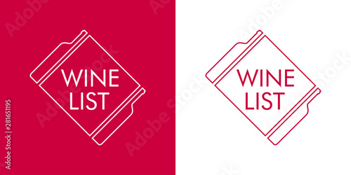 Logotipo abstracto con texto WINE LIST con botellas en etiqueta de rombo lineal en rojo y blanco