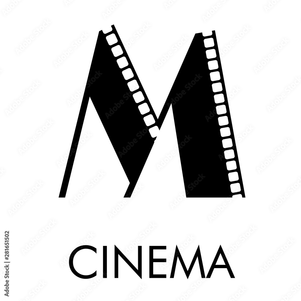 Logotipo con texto CINEMA con letra M como tira de película en color negro
