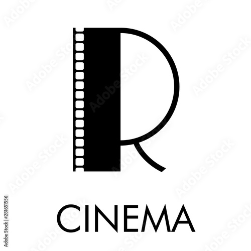 Logotipo con texto CINEMA con letra R como tira de película en color negro