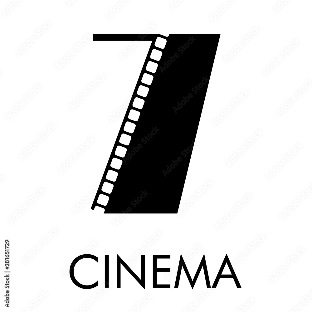 Logotipo con texto CINEMA con número 7 como tira de película en color negro Logotipo con texto CINEMA con número 7 como tira de película en color negro